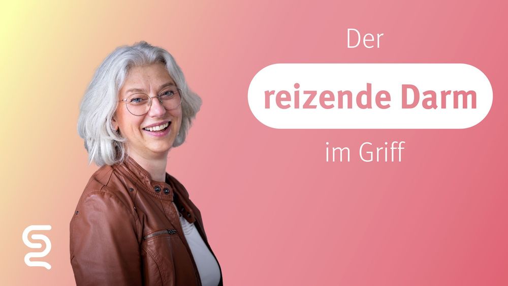 Smiling woman with "reizende Darm" text on pink background.