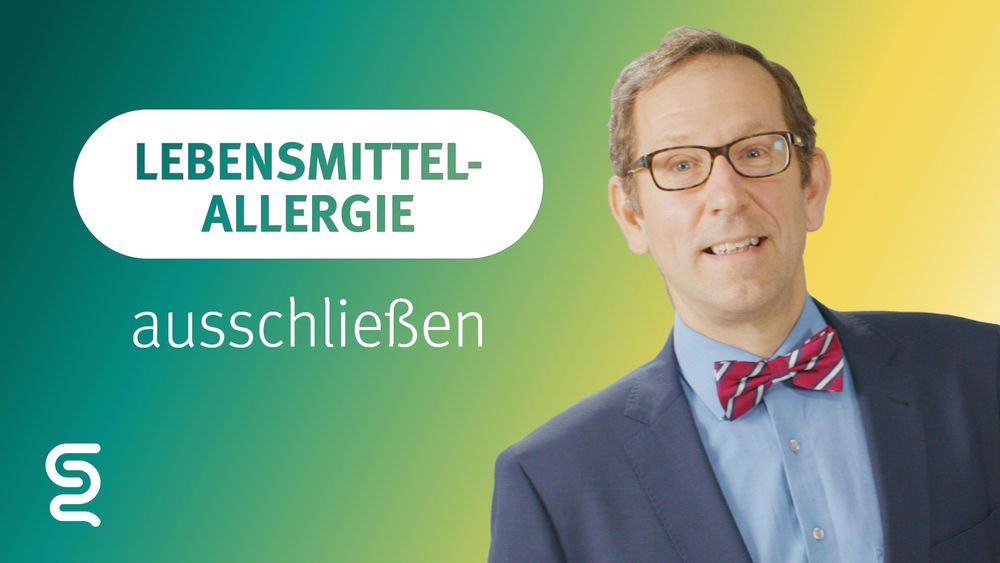 Man in glasses with "Lebensmittelallergie" text background.